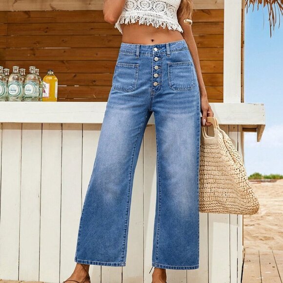 Medium Wash Casual Women's Loose Fitting Straight Leg Casual Blue Denim Jeans - Picture 1 of 5